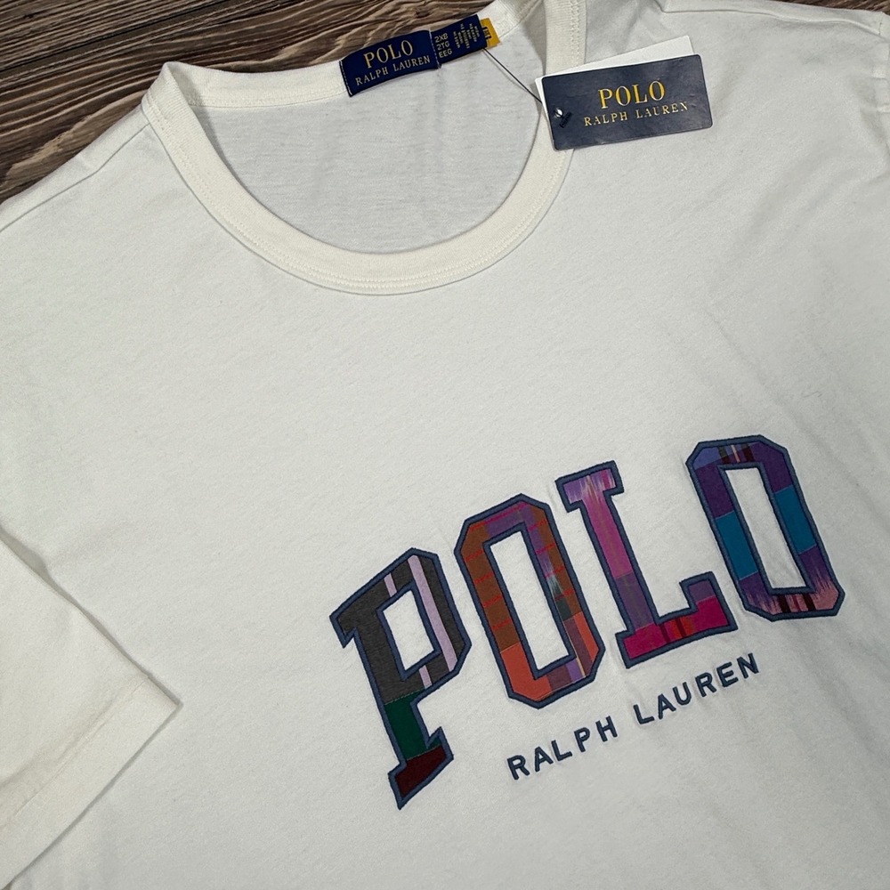 Polo Ralph Lauren Mens Size 2XB T-Shirt White Plaid‎ Patchwork Logo NEW